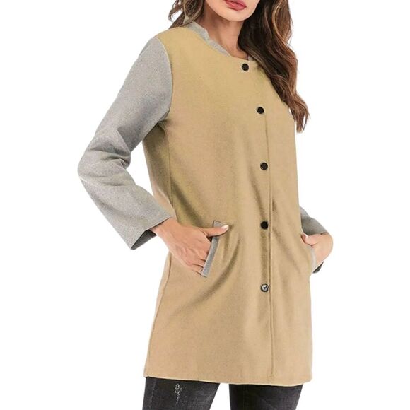Women Lady Long Woolen Coat Autumn Long Sleeve Contrast Color Patchwork Size L - Picture 2 of 14